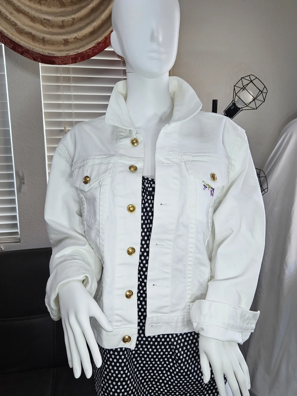 Tory Burch White Denim Button-Up Jacket with Gold Hardware